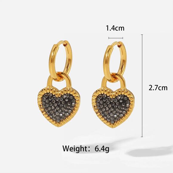 Black Heart Pendant Zircon Hoop Earrings - 18K‎ Gold Plated Stainless Steel - Picture 6 of 6